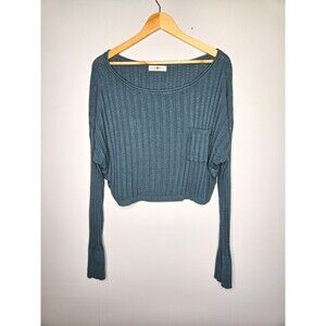 NATURAL LIFE Ribbed Crop Sweater Large Teal Long Sleeve Pocket Boho Top